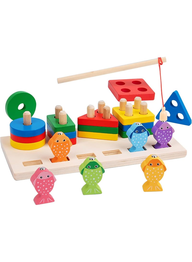 SOLARAE Wooden Sorting and Stacking Toy Puzzle, Montessori Toys for 1 2 3 Years Old Boys Girls, Baby Shape Sorter and Color Stacker, Magnetic Fishing Toy, Learning Educational Toys - Image 1