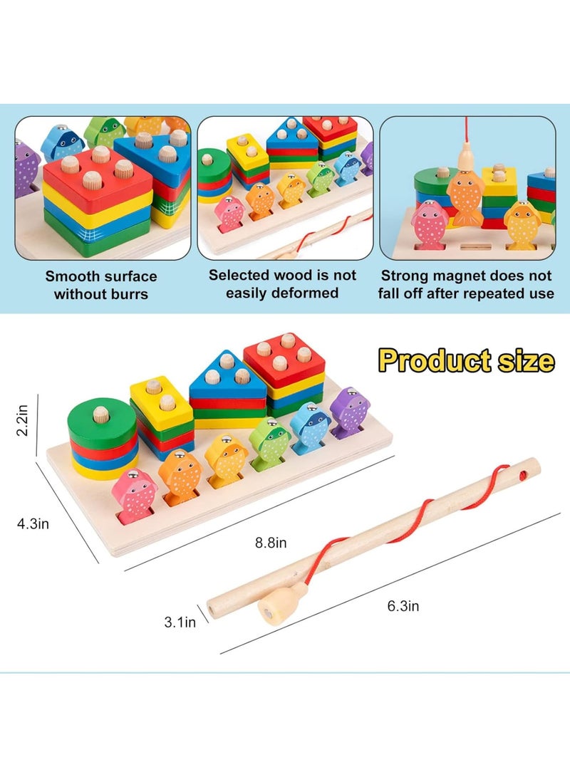 SOLARAE Wooden Sorting and Stacking Toy Puzzle, Montessori Toys for 1 2 3 Years Old Boys Girls, Baby Shape Sorter and Color Stacker, Magnetic Fishing Toy, Learning Educational Toys - Image 5