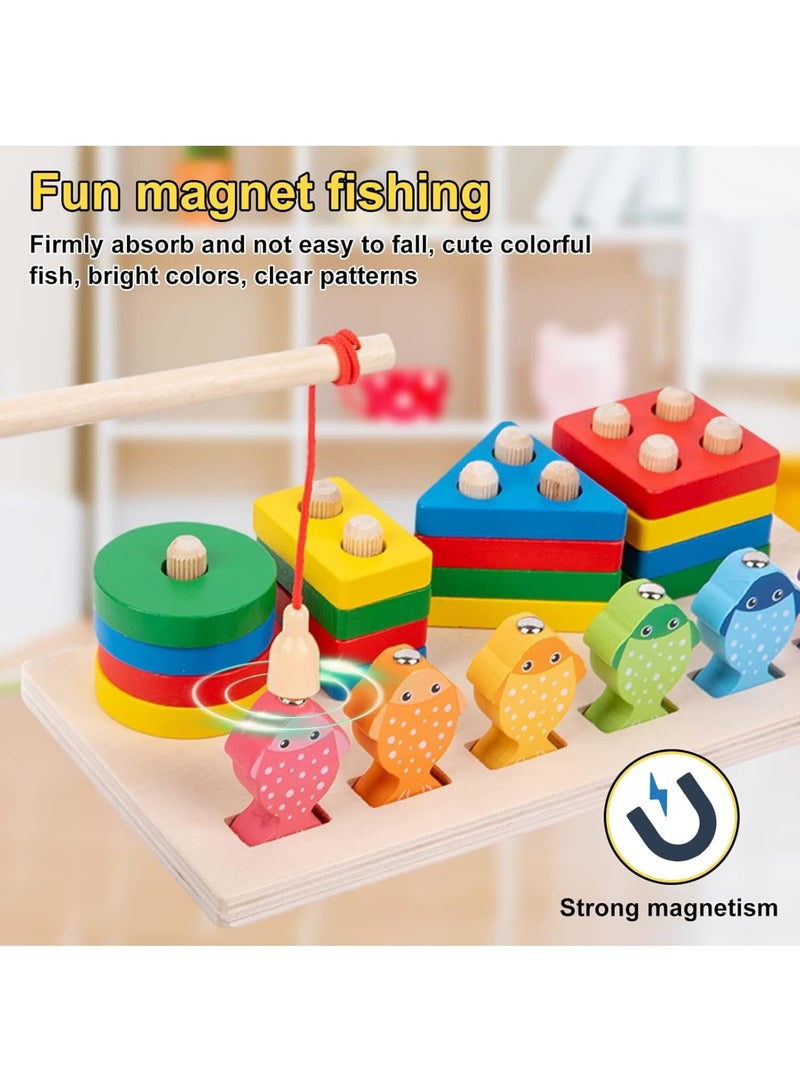 SOLARAE Wooden Sorting and Stacking Toy Puzzle, Montessori Toys for 1 2 3 Years Old Boys Girls, Baby Shape Sorter and Color Stacker, Magnetic Fishing Toy, Learning Educational Toys - Image 4