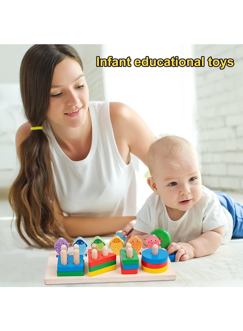 SOLARAE Wooden Sorting and Stacking Toy Puzzle, Montessori Toys for 1 2 3 Years Old Boys Girls, Baby Shape Sorter and Color Stacker, Magnetic Fishing Toy, Learning Educational Toys - Image 2