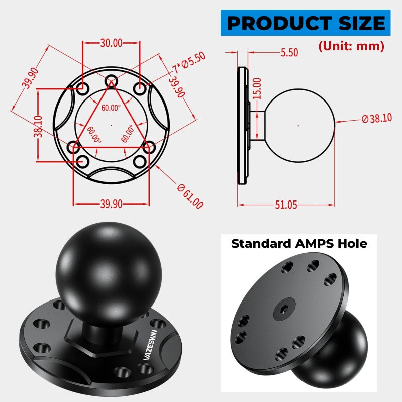 VAZESWIN 1.5" Ball Mount with Aluminum Alloy Round Plate, Universal Electronic Device Mounting Base with AMPS Holes for Garmin, Lowrance, Humminbird, for RAM Mounts, Scotty C Size Double Socket Arms - Image 5