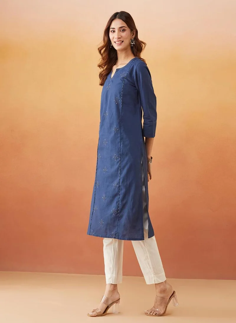 Fabindia Indigo Cotton Regular Fit Long Kurta