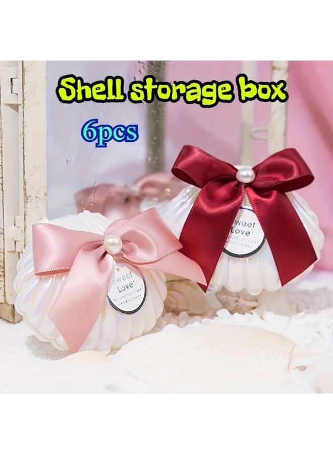 6pcs Pink Pearl Simulation Shell Storage Boxes with Ribbon Bows Wedding Jewelry Gift Packaging Organizer - Image 1