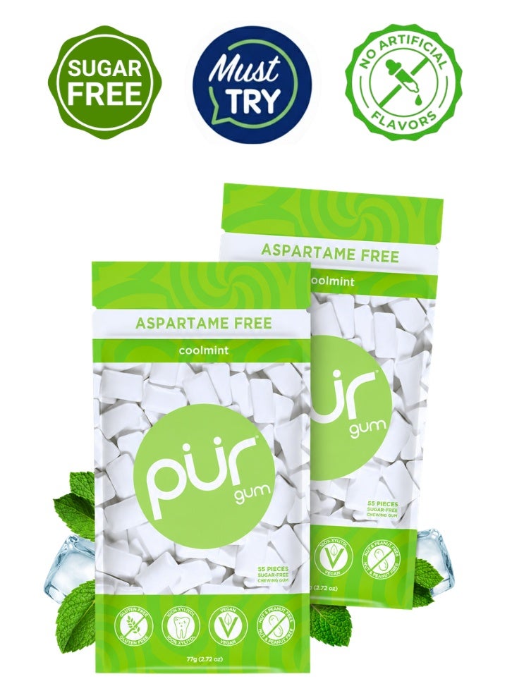 PUR Gum 100% Xylitol Chewing Coolmint, Sugar-Free + Aspartame Free, Vegan + non GMO, 55 Count (Pack of 2) - Image 1