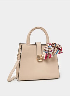 Styli Solid Handbag with Printed Scarf Detail  - Image 1