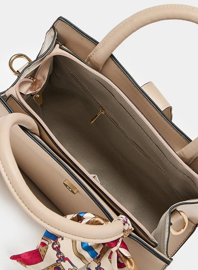 Styli Solid Handbag with Printed Scarf Detail