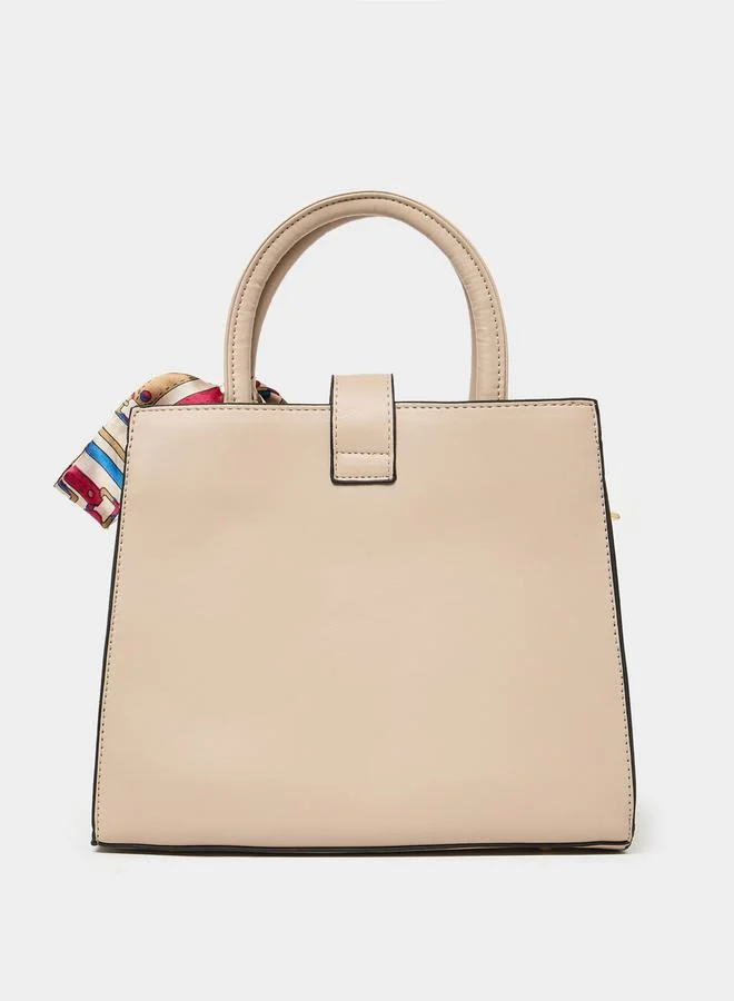 Styli Solid Handbag with Printed Scarf Detail