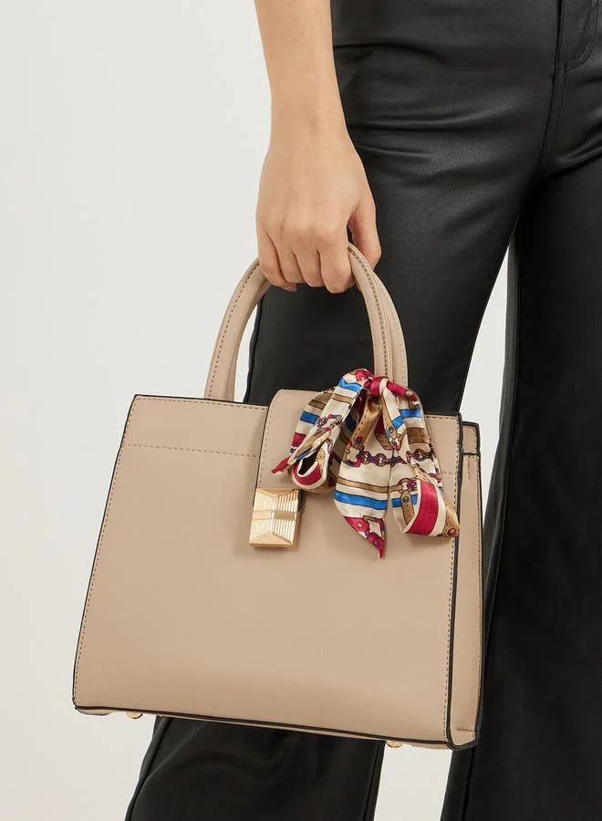 Styli Solid Handbag with Printed Scarf Detail