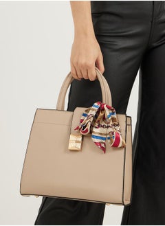 Styli Solid Handbag with Printed Scarf Detail  - Image 4