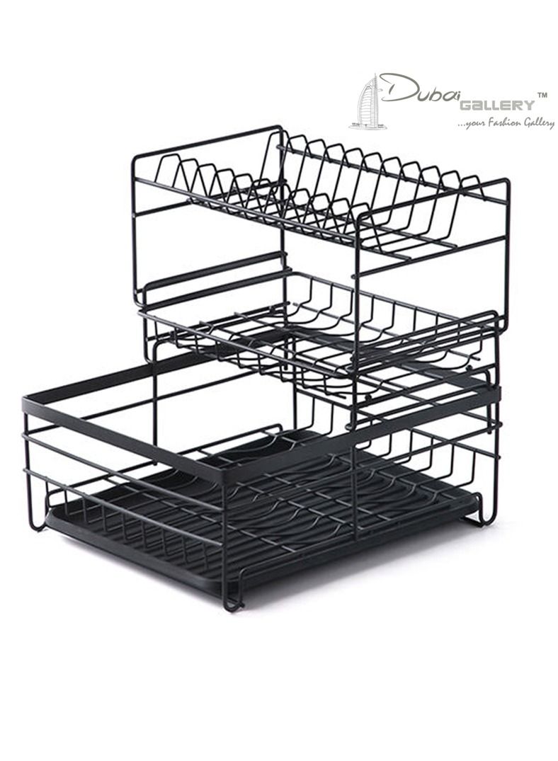 DubaiGallery Dish Drying Rack 3 Tier Dish Rack Steel with Removable Drain Board Storage Rack for Dishes Drainer Utensil Holder for Kitchen Countertop Organizer Storage,model:Black Black 3 Tier Rack - Image 1