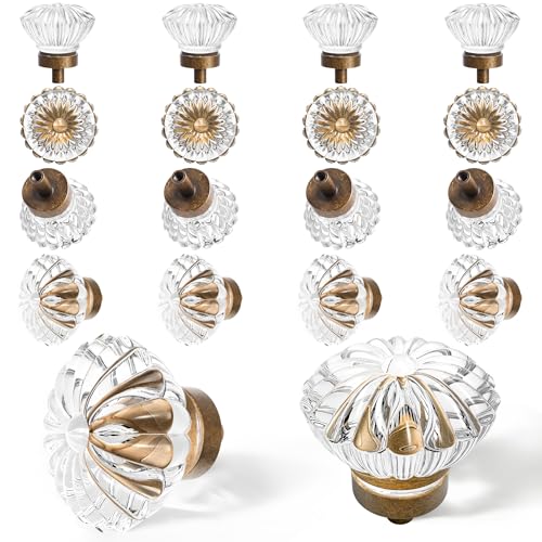 CEYMIO Crystal Cabinet Knobs Cabinets Knob 16 Pack Flower Antique Brass Vintage Glass Clear Crystal Small Pull for Closet Dresser Drawers Cupboard Wardrobe Alloy Retro Pulls Old Style Bronze Drawer Handle - Image 1