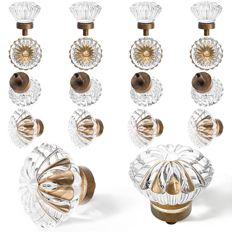 CEYMIO Crystal Cabinet Knobs Cabinets Knob 16 Pack Flower Antique Brass Vintage Glass Clear Crystal Small Pull for Closet Dresser Drawers Cupboard Wardrobe Alloy Retro Pulls Old Style Bronze Drawer Handle - Image 2
