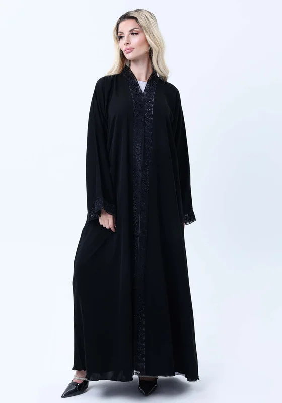 أم سكوير فاشن Black Abaya with Blue & Black Lace Detailing With Headscarf