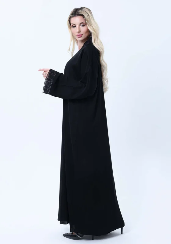 أم سكوير فاشن Black Abaya with Blue & Black Lace Detailing With Headscarf