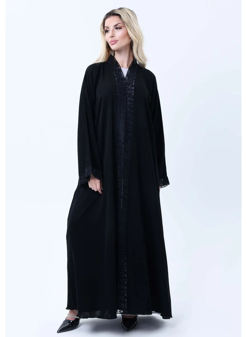 Black Abaya with Blue & Black Lace Detailing With Headscarf