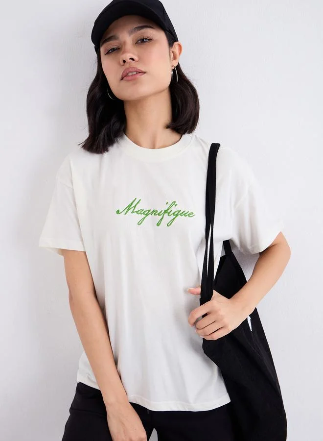 Styli Styli Off White Embroidered Slogan Boxy T-Shirt