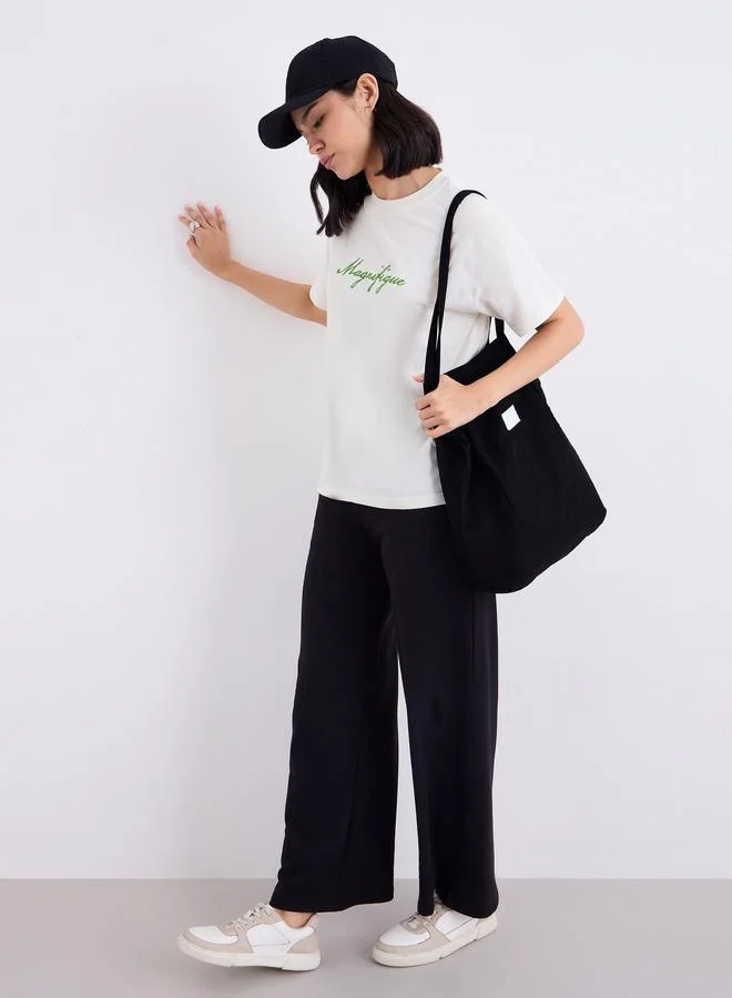 Styli Styli Off White Embroidered Slogan Boxy T-Shirt