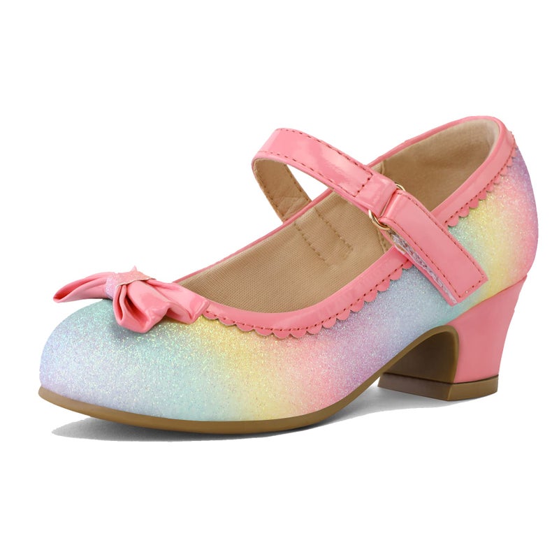 K KomForme Girl's Dress Shoes Mary Jane Glitter 1.5 in Low Heel Wedding Party Princess Shoes for Toddler/Little/Big Kids Rainbow - Image 1
