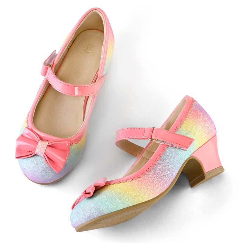 K KomForme Girl's Dress Shoes Mary Jane Glitter 1.5 in Low Heel Wedding Party Princess Shoes for Toddler/Little/Big Kids Rainbow - Image 3