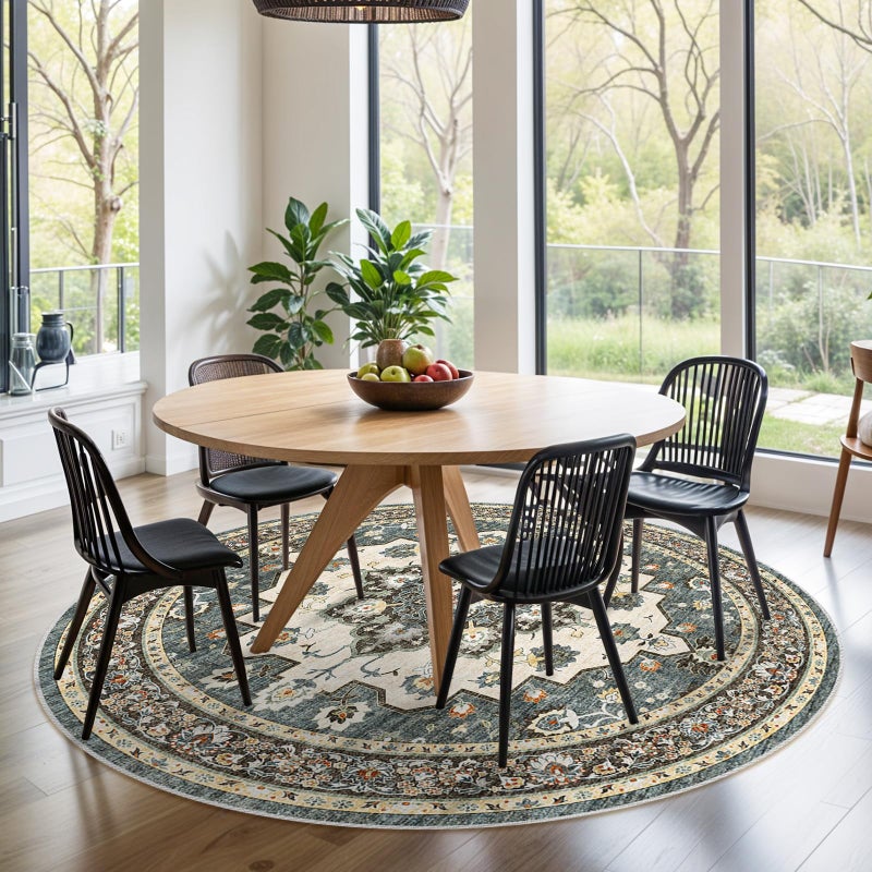 TOPRUUG Washable Oriental Area Rug - 6ft Round Rugs for Living Room Soft Carpet for Bedroom Waterproof Floral Distressed Indoor Stain Resistant Non-Shedding Floor Carpets (Blue, 6ft-Round) - Image 3