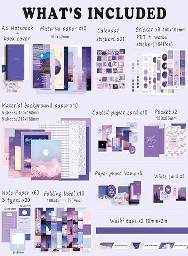 Mincer Scrapbook Stickers Kit 346pcs Vintage Scrapbooking Supplies Kit Aesthetic Journaling for Junk Journal with A6 Grid Notebook (Purple) (Pack of 1) - Image 2