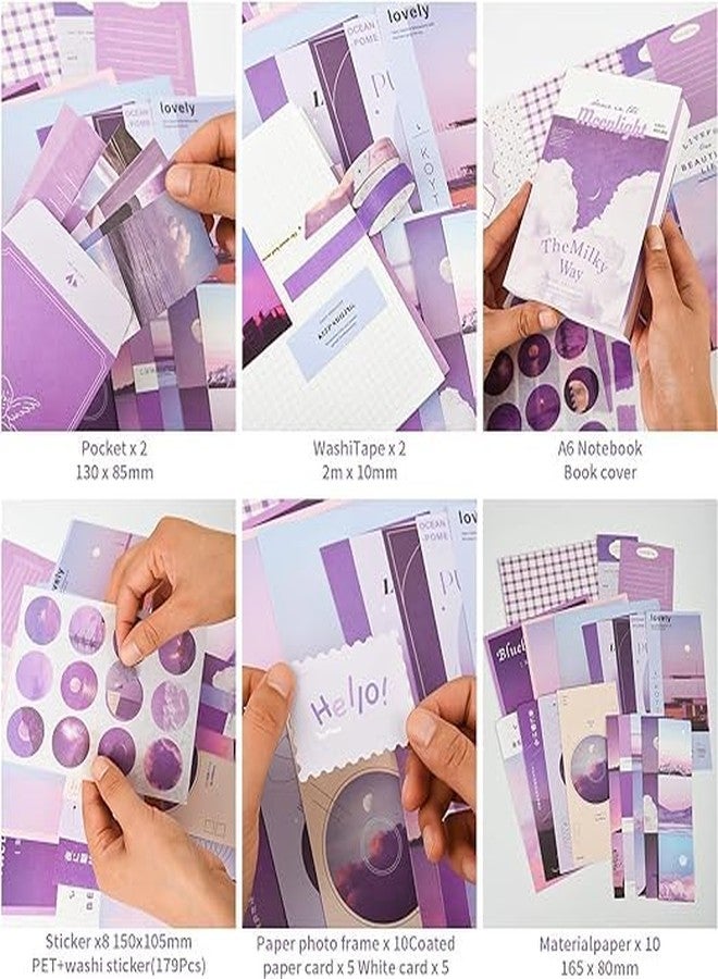 Mincer Scrapbook Stickers Kit 346pcs Vintage Scrapbooking Supplies Kit Aesthetic Journaling for Junk Journal with A6 Grid Notebook (Purple) (Pack of 1) - Image 3