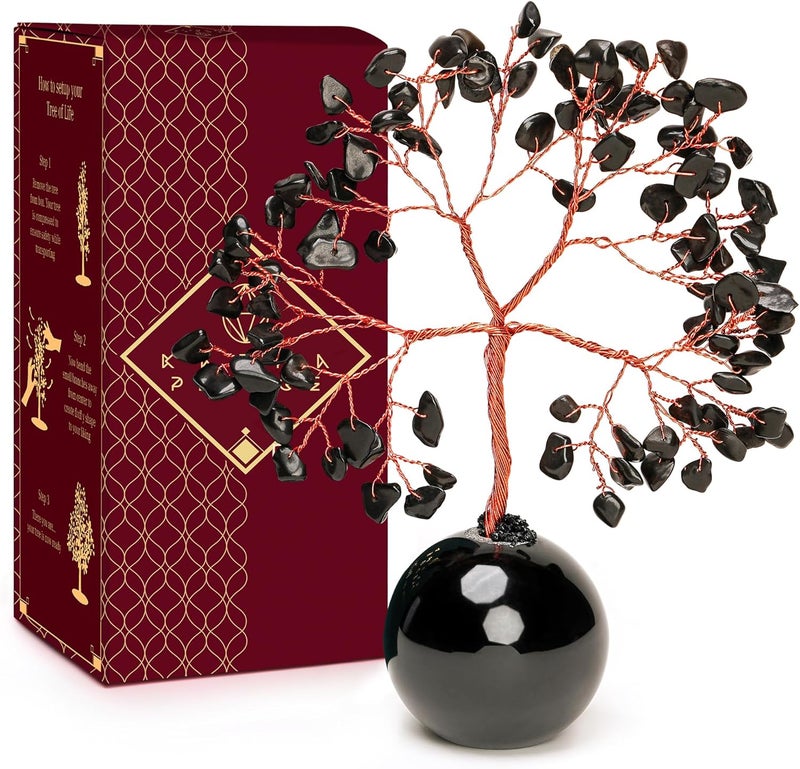 KARMAPLEDGE Crystal Tree of Life Birthday Gifts for Women, Mom Black Obsidian Healing Crystals Tree for 7 Chakra Balance, Reiki Healing, Positive Energy, Good Luck, Money, Meditation, Home and Office Desk Decor - Image 1