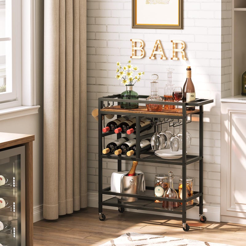 MAHANCRIS Bar Cart for Home, 3-Tier Serving Cart with Wheels and Handle, Beverage Cart with Wine Rack and Glass Holders, Rolling Wine Cart for Kitchen, Dining Room, Rustic Brown RCHR6101 - Image 4