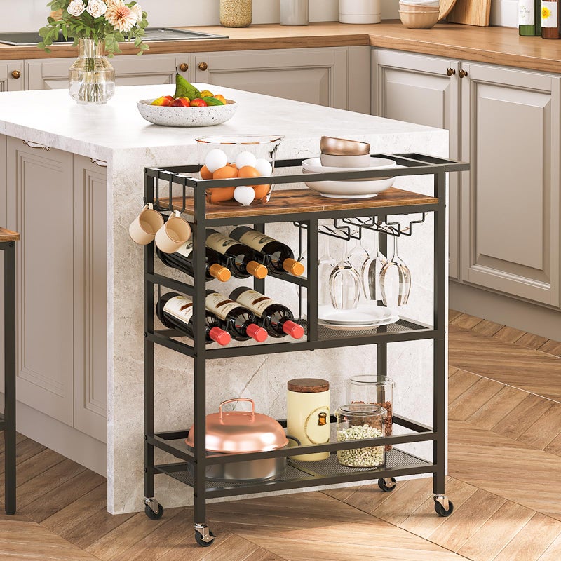 MAHANCRIS Bar Cart for Home, 3-Tier Serving Cart with Wheels and Handle, Beverage Cart with Wine Rack and Glass Holders, Rolling Wine Cart for Kitchen, Dining Room, Rustic Brown RCHR6101 - Image 2