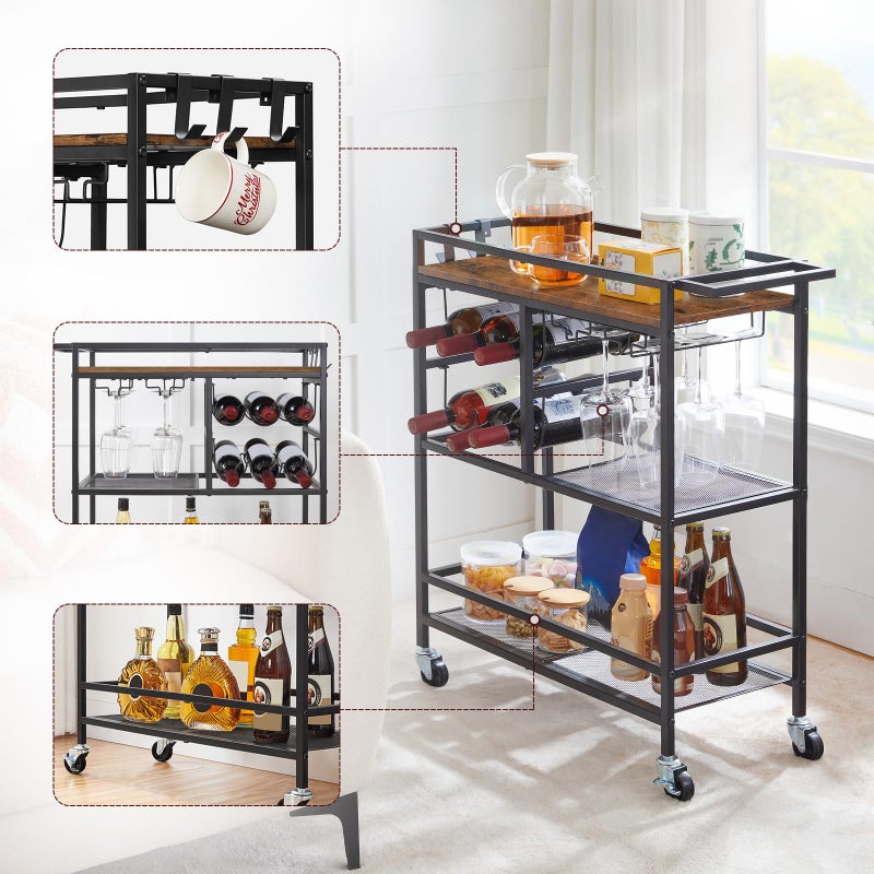 MAHANCRIS Bar Cart for Home, 3-Tier Serving Cart with Wheels and Handle, Beverage Cart with Wine Rack and Glass Holders, Rolling Wine Cart for Kitchen, Dining Room, Rustic Brown RCHR6101 - Image 5