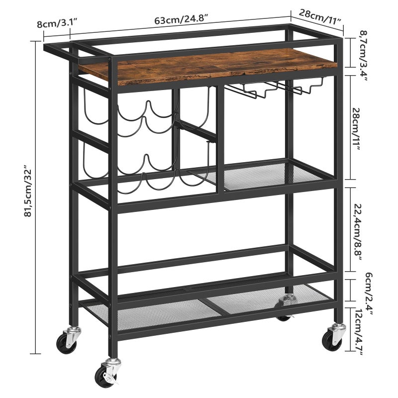 MAHANCRIS Bar Cart for Home, 3-Tier Serving Cart with Wheels and Handle, Beverage Cart with Wine Rack and Glass Holders, Rolling Wine Cart for Kitchen, Dining Room, Rustic Brown RCHR6101 - Image 3
