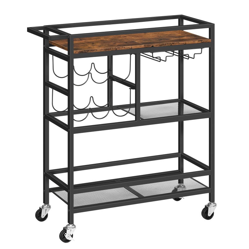 MAHANCRIS Bar Cart for Home, 3-Tier Serving Cart with Wheels and Handle, Beverage Cart with Wine Rack and Glass Holders, Rolling Wine Cart for Kitchen, Dining Room, Rustic Brown RCHR6101 - Image 1