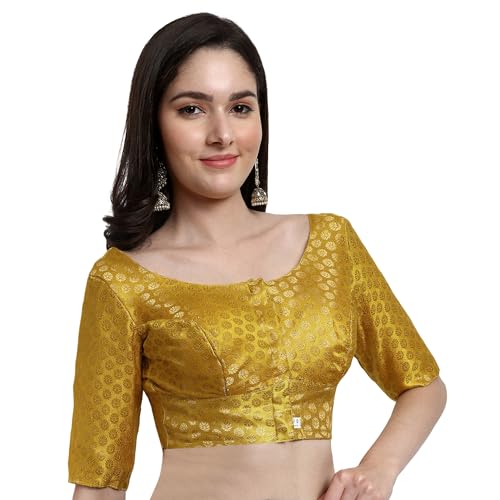 JISB Women's Brocade Round Neck Elbow Sleeve Blouse (34, Yellow) - Image 2