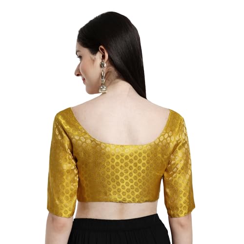 JISB Women's Brocade Round Neck Elbow Sleeve Blouse (34, Yellow) - Image 3