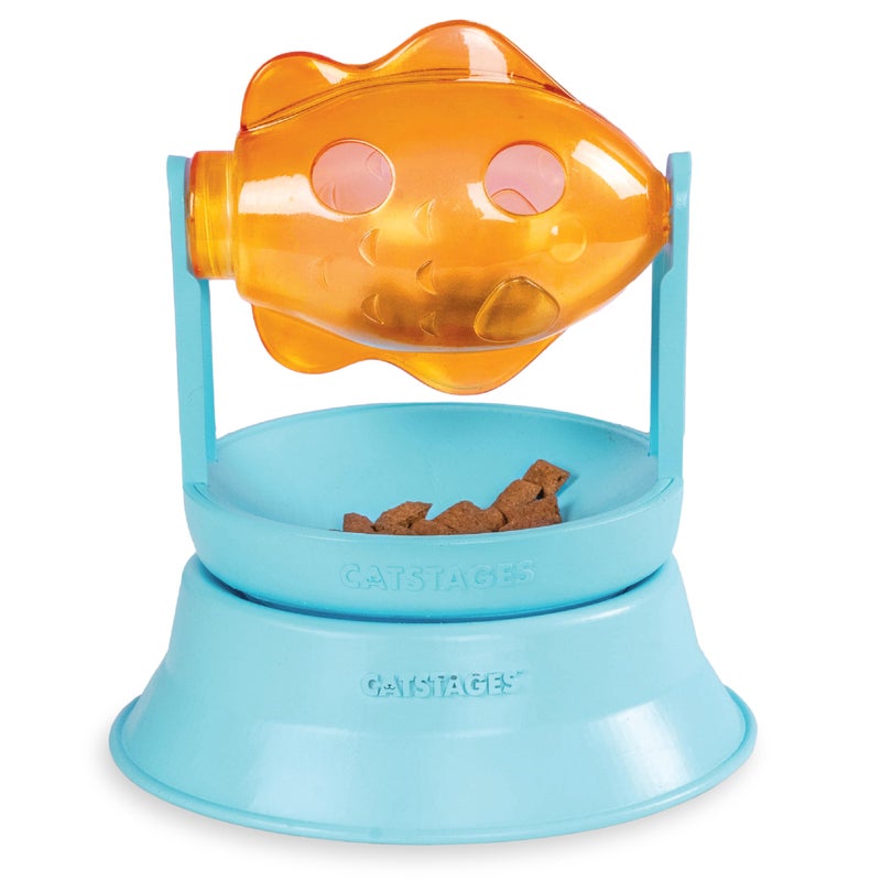 Catstages 2-in-1 Spinning Fish Treat Dispenser Cat Toy, Interactive Puzzle Feeder & Cat Ball Track Add-On, Blue - Image 1