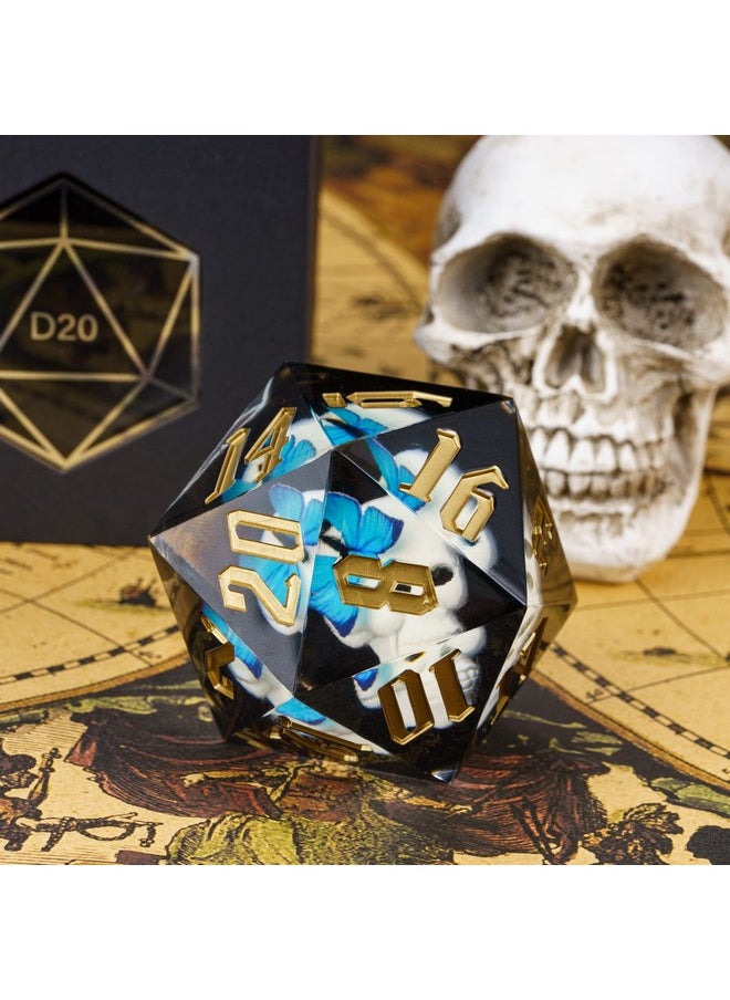 cusdie - Large D20 Dice 55Mm With Sharp Edges, D&D 20 Sided Dice, Handmade Dice Dnd Giant D20 For Dungeons And Dragons Rpg, Table Games(White Skull W/Blue Butterfly) - Image 1