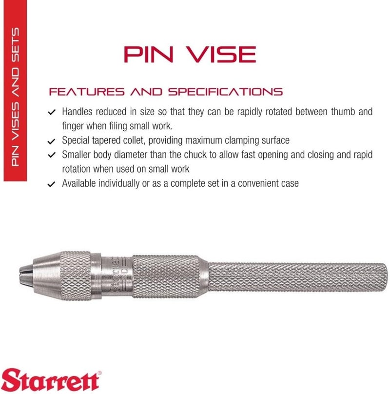 Starrett Pin Vise with Knurled Handles, Smaller Body Diameter than the Chuck, and Special Tapered Collet for Maximum Clamping Surface - .115-.187" Range - 162D - Image 2