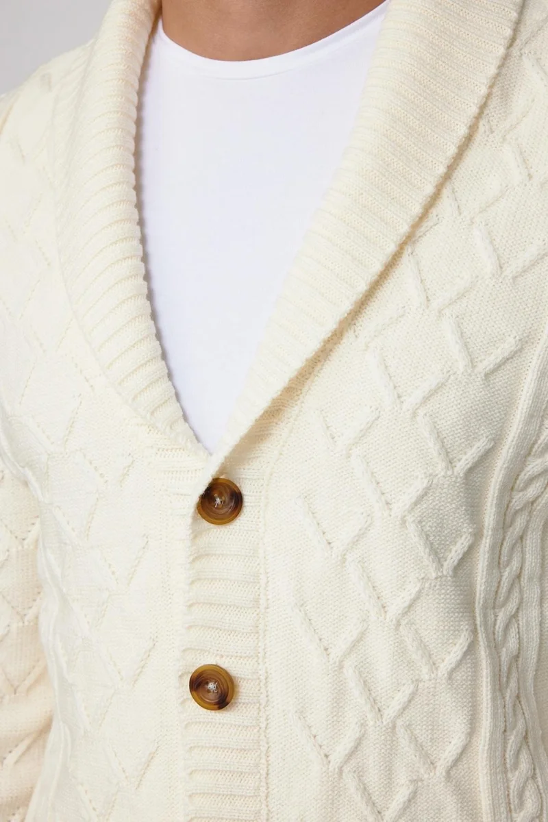 Tudors Slim Fit Slim Fit Patterned Soft Textured Buttoned Ecru Men's Cardigan