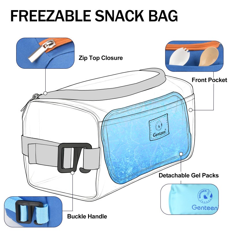 Genteen Lunch Bag Kids,Small Cooler Bag with Ice Packs,Freezable Lunch Bag/Snack Bag,Insulated Bag Reusable, with Zip Closure & Buckle Handle for Travel/School/Work,Blue - Image 2