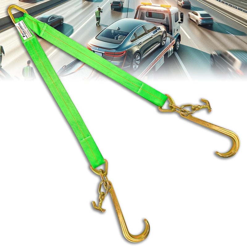 FITHOIST V Bridle Tow Strap with 15'' J & T-J Hooks - 3" x 36' Recovery V-Strap, Hi VIZ Green Webbing, 5400lbs WLL - Image 1