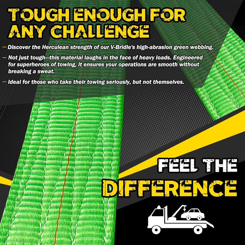 FITHOIST V Bridle Tow Strap with 15'' J & T-J Hooks - 3" x 36' Recovery V-Strap, Hi VIZ Green Webbing, 5400lbs WLL - Image 3