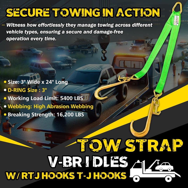 FITHOIST V Bridle Tow Strap with 15'' J & T-J Hooks - 3" x 36' Recovery V-Strap, Hi VIZ Green Webbing, 5400lbs WLL - Image 2