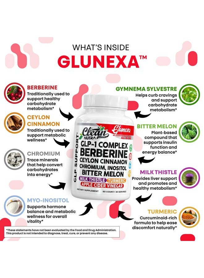 Clean Nutraceuticals معقد Clean Nutra Glunexa GLP-1 مع البربرين، قرفة سيلان، كروم، إينوزيتول، وقرع مر | مزيج عشبي ومعدني فاخر | 90 كبسولة - Image 3