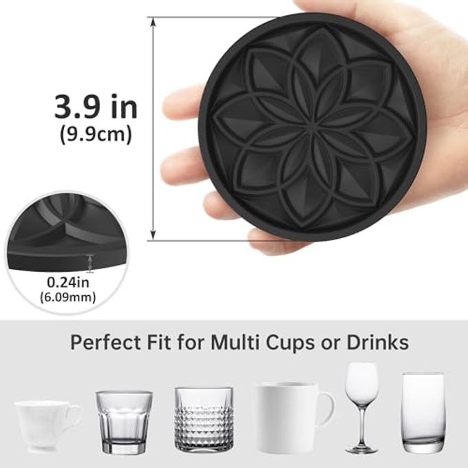 HFHOME Coasters for Drinks 4 Pcs Silicone Coasters Set, Drink Coaster for Coffee Table, Table Cup Mat Desk Coaster for Drinks, Bar Coasters for Home Decor Tabletop Protection Gift Black - Image 2