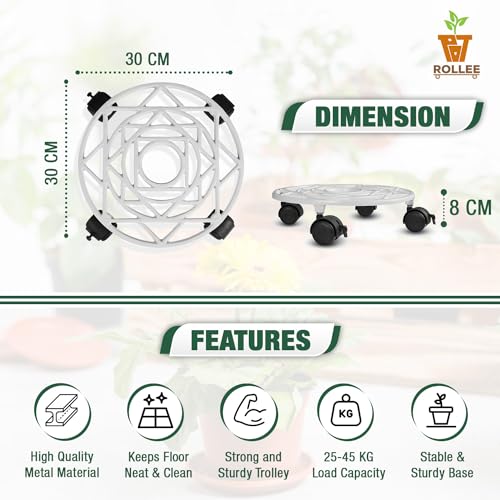 Sharpex Pack of 2 Metal Caddy Iron Dolly on Round Rack Rustproof Sturdy Potted Indoor Outdoor Plant Stand/Trolley with Locking Wheels for Balcony, Living Room, Home and Garden (White) - Image 2