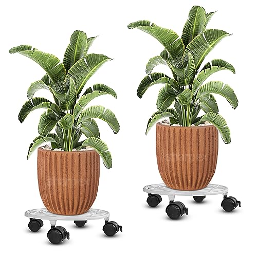 Sharpex Pack of 2 Metal Caddy Iron Dolly on Round Rack Rustproof Sturdy Potted Indoor Outdoor Plant Stand/Trolley with Locking Wheels for Balcony, Living Room, Home and Garden (White) - Image 1