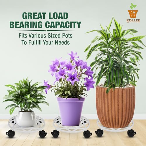 Sharpex Pack of 2 Metal Caddy Iron Dolly on Round Rack Rustproof Sturdy Potted Indoor Outdoor Plant Stand/Trolley with Locking Wheels for Balcony, Living Room, Home and Garden (White) - Image 5