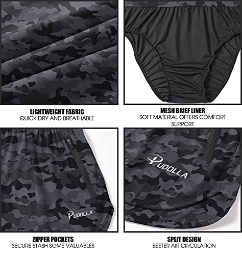 Pudolla Men’s Running Shorts 3 Inch Quick Dry Gym Athletic Workout Shorts for Men with Zipper Pockets(Camo Black Medium) - Image 5