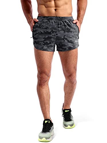 Pudolla Men’s Running Shorts 3 Inch Quick Dry Gym Athletic Workout Shorts for Men with Zipper Pockets(Camo Black Medium) - Image 2