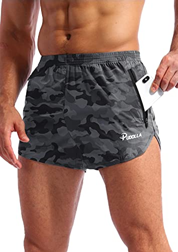 Pudolla Men’s Running Shorts 3 Inch Quick Dry Gym Athletic Workout Shorts for Men with Zipper Pockets(Camo Black Medium) - Image 1